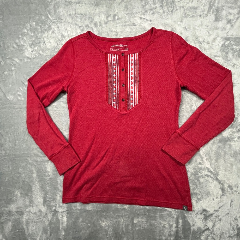 Eddie Bauer Henley Top Womens Small Red Embroidered Bib Waffle Knit Long Sleeve‎